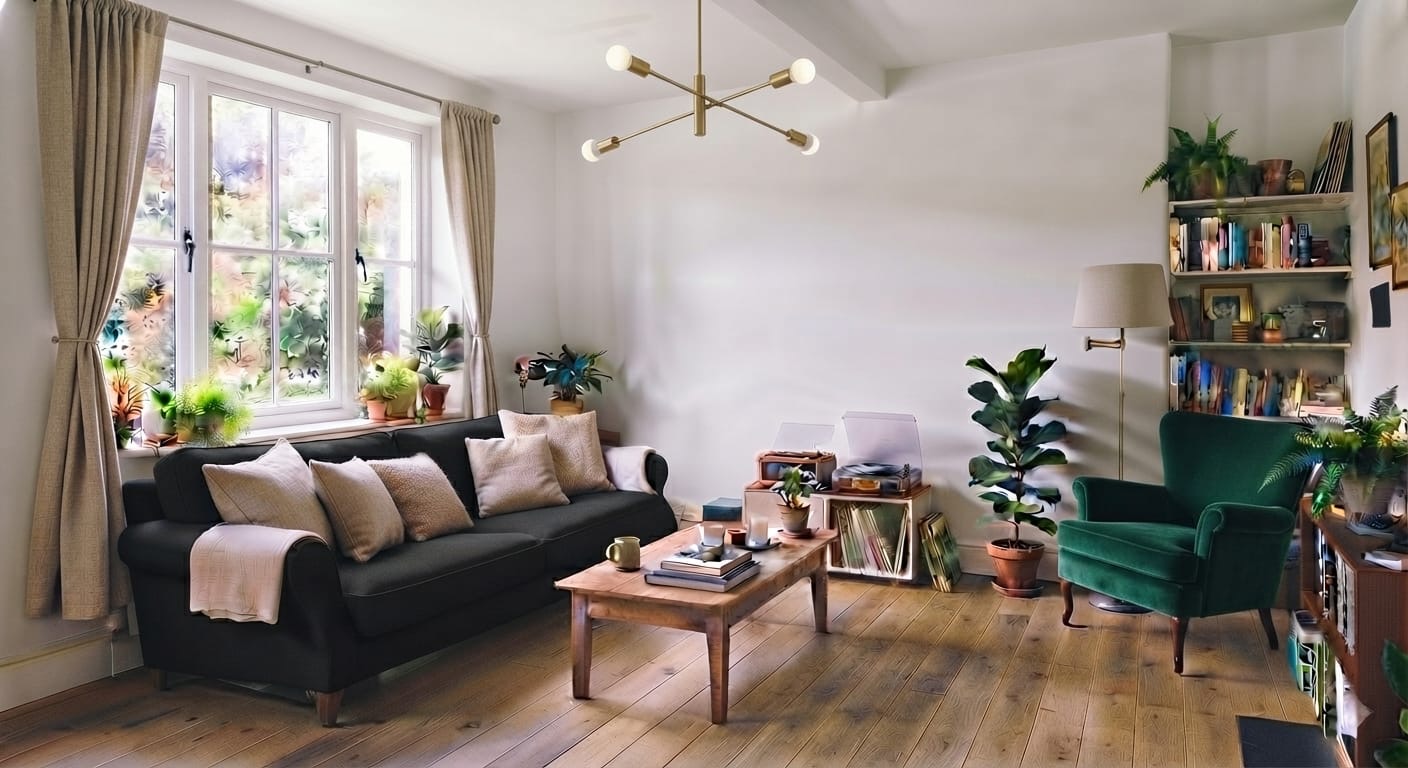 After: refreshed living room with clean white walls, dark sofa, green armchair and modern brass light fixture