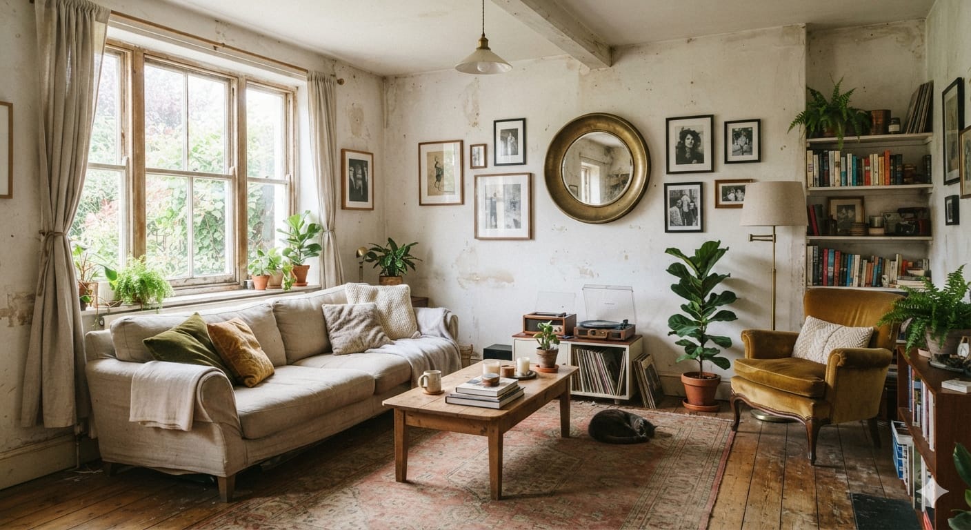 Before: cluttered living room with gallery wall, worn walls and dated furniture
